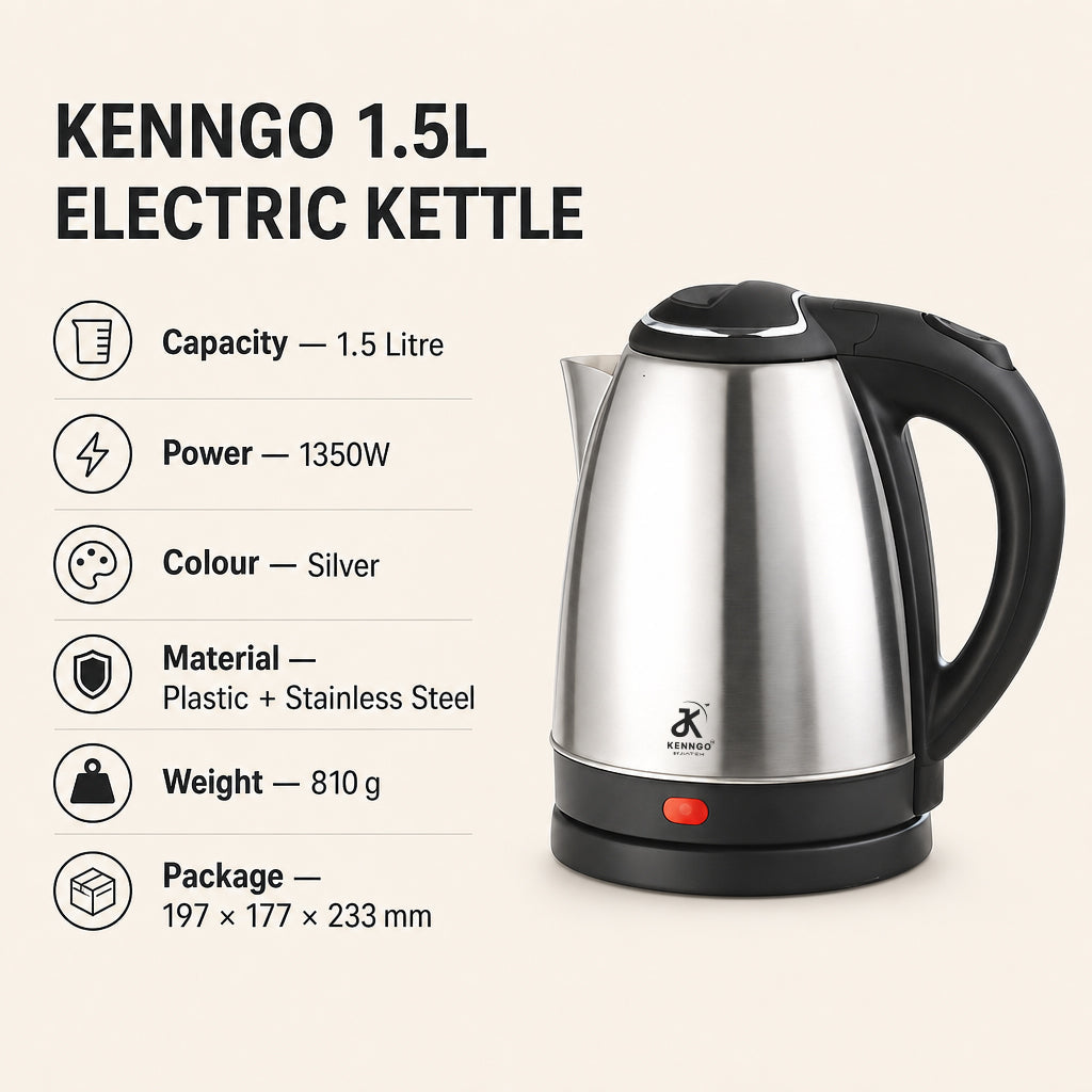 KENNGO 1.5 Litre Electric Kettle – Silver