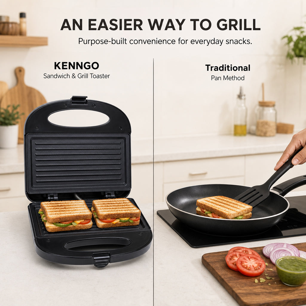 KENNGO Sandwich & Grill Toaster – Silver and Black