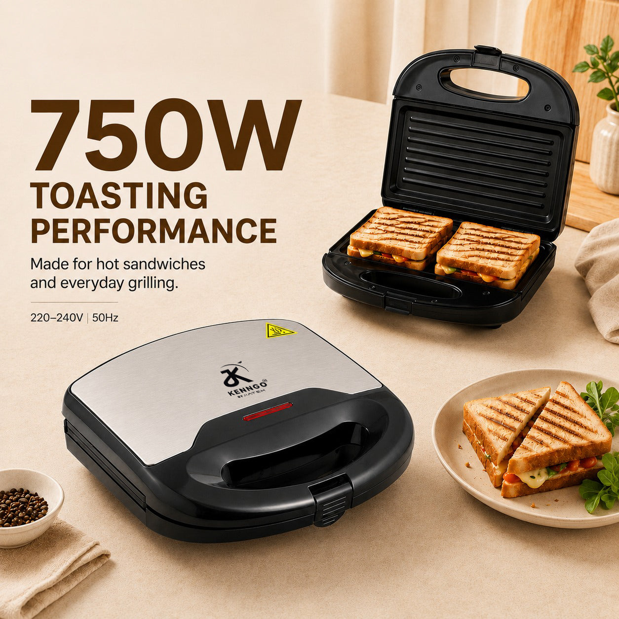 KENNGO Sandwich & Grill Toaster – Silver and Black