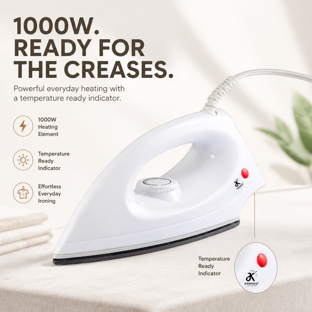 KENNGO 1000W Lightweight Electric Iron – White